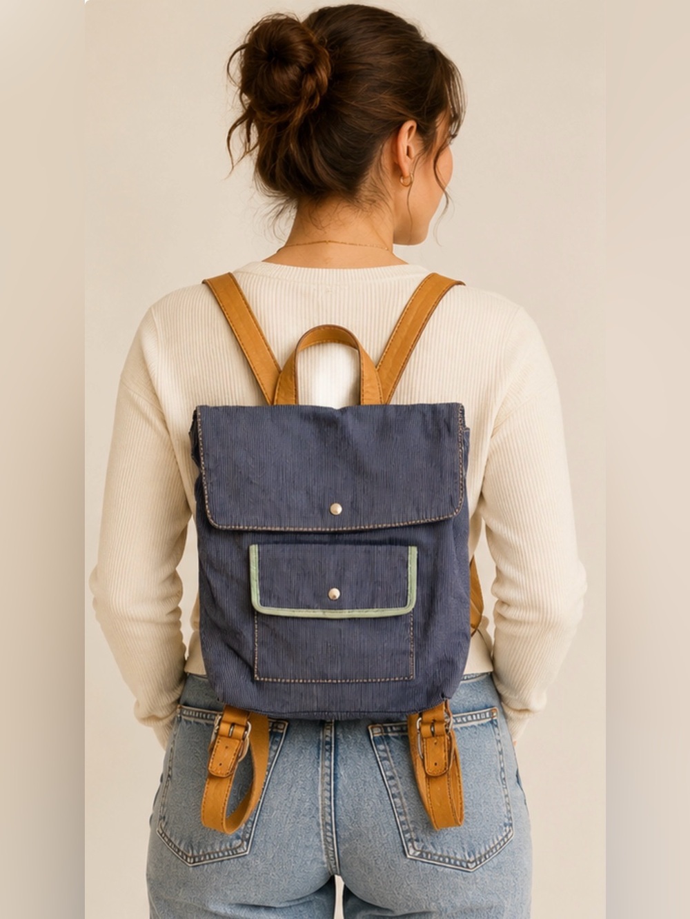 Fossil Blue Canvas Leather Trim Mini Backpack Bookbag Casual Travel Bag